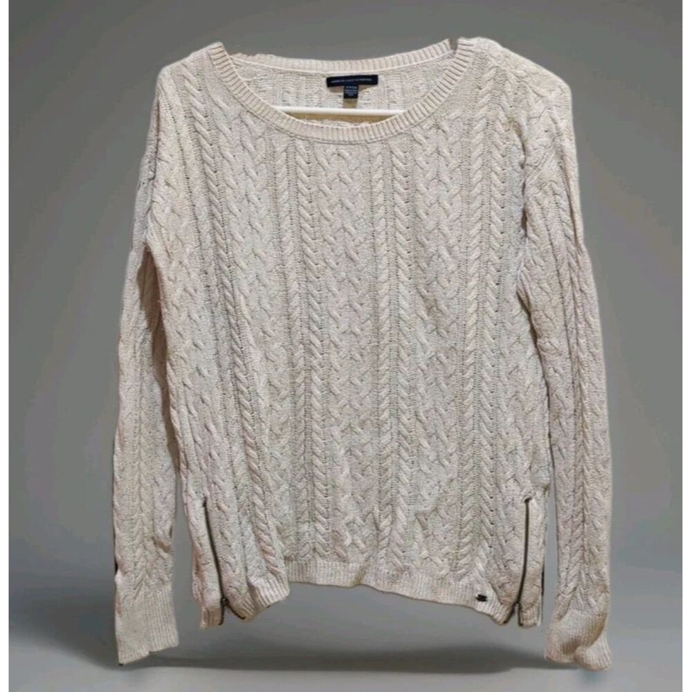 American Eagle Outfitters Women's Beige Cable-Knit Crew Neck Sweater S